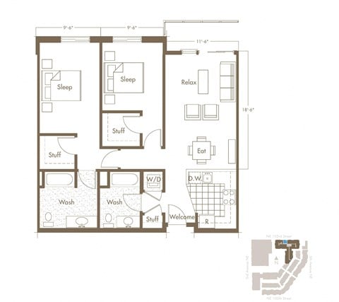 Floor plan for 2 beds, 2 baths, 1034 sqft